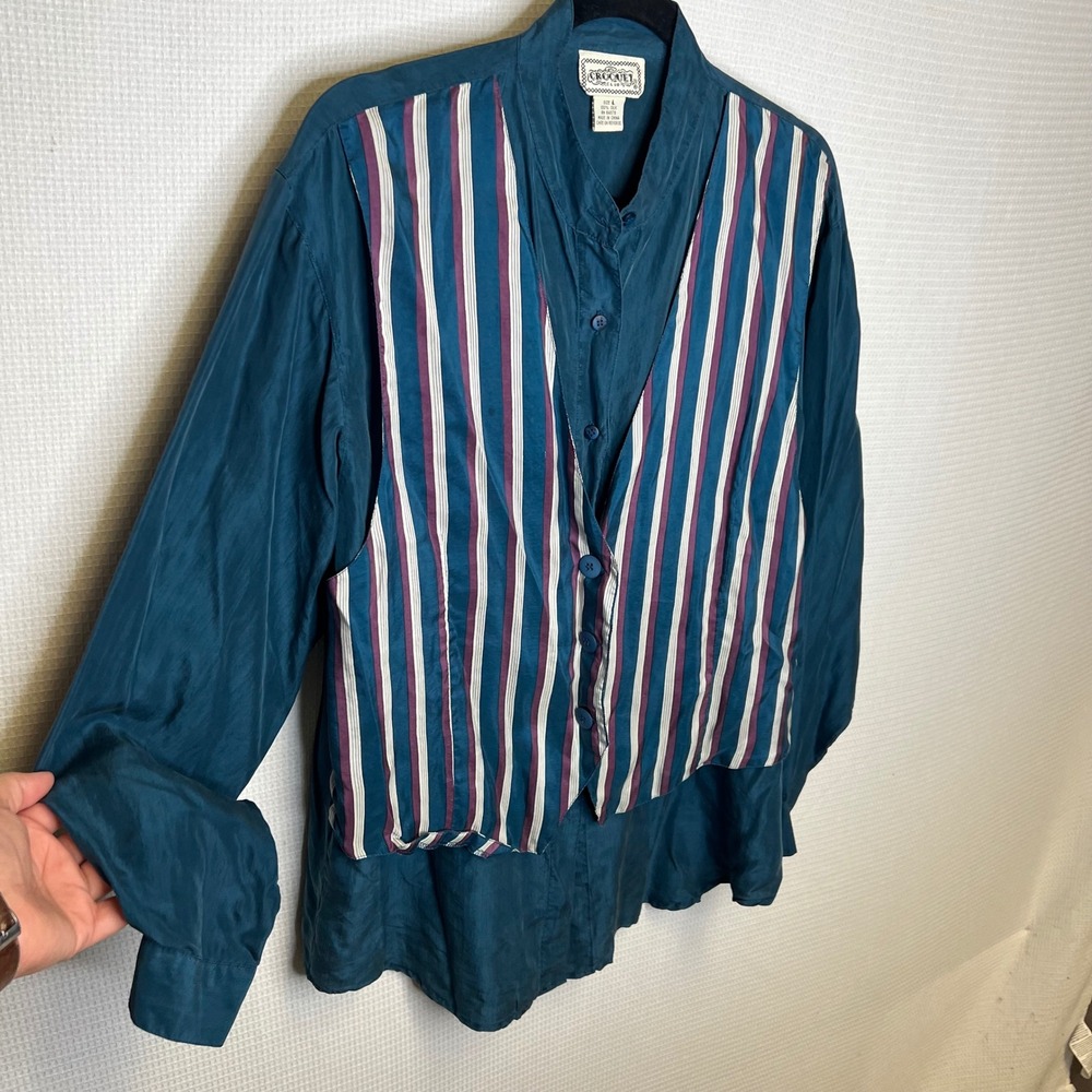 Croquet Club Mens Vintage 100% Silk Layered Vest Shirt Teal Striped Large 90s